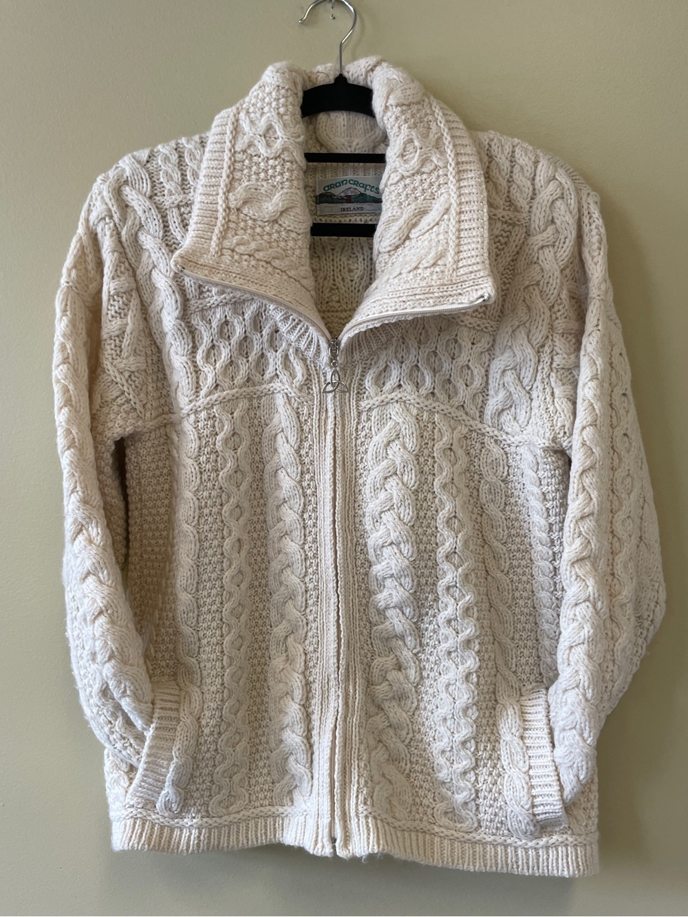 Aran Crafts | Merino Wool Cable Knit Funnel Neck Zip Front Sweater, Sz M EUC